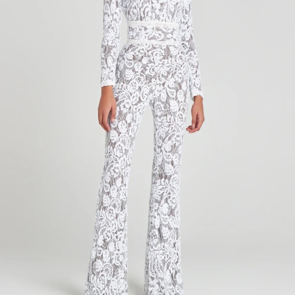 NADINE MERABI White Lace Flare Jumpsuit